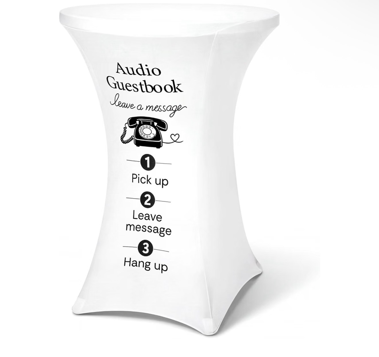 White cocktail table cover with audio guestbook instructions